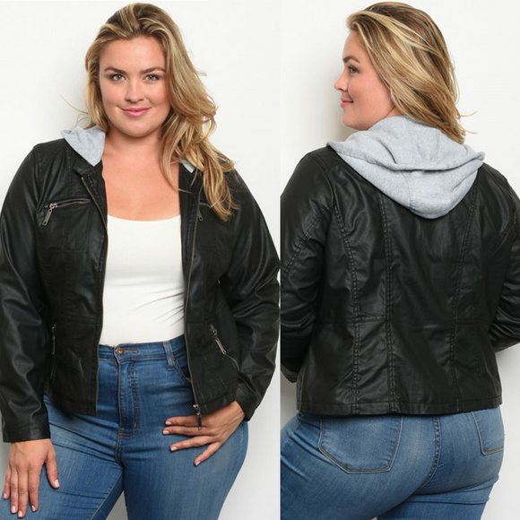 plus size leather jacket with hood